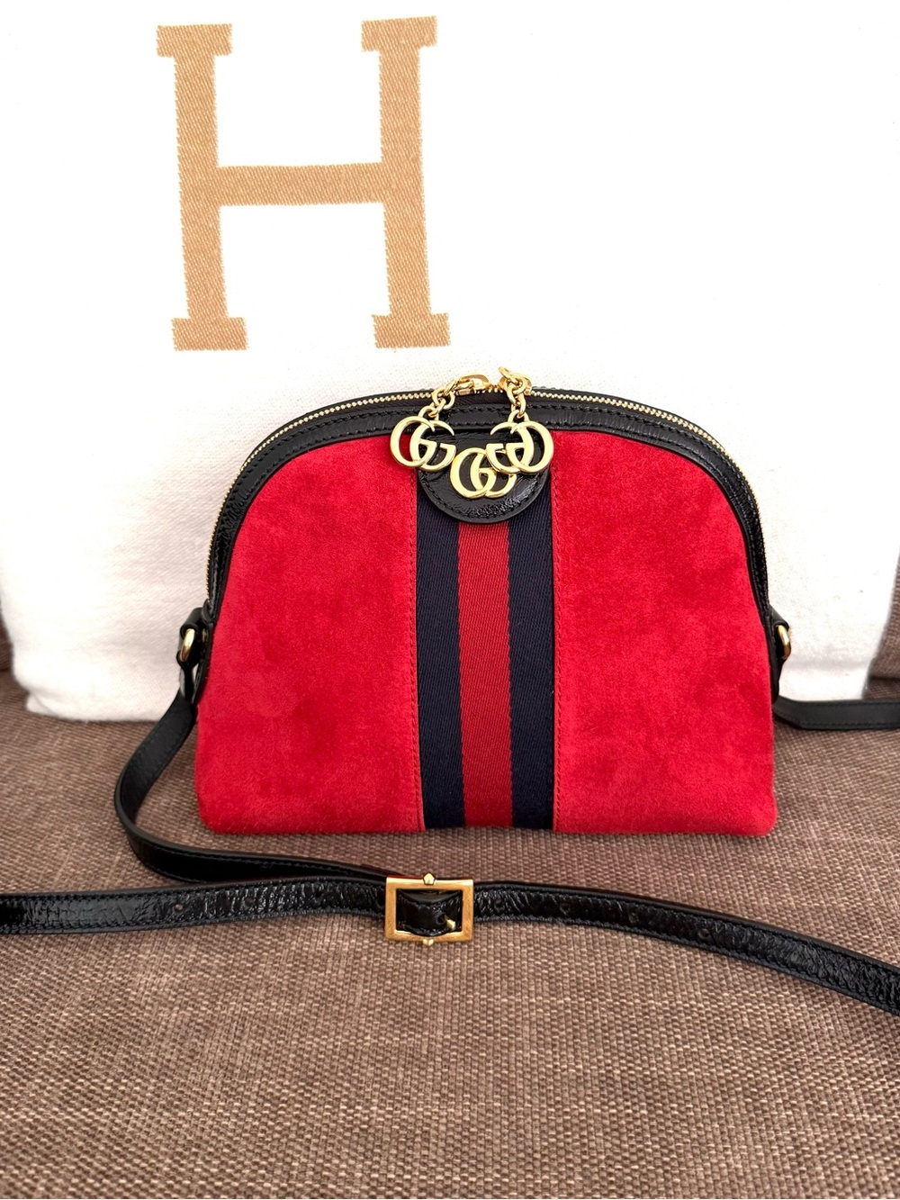 Authentic Gucci Ophedia Dome crossbody bag red hibiscus suede leather